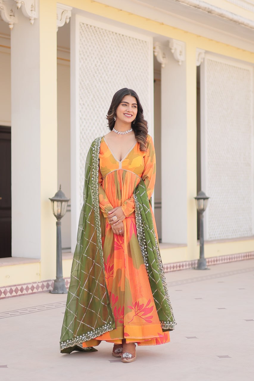 Luxurious Digital Print Alia Cut Orange Gown with Embroidered Dupatta Set ClothsVilla