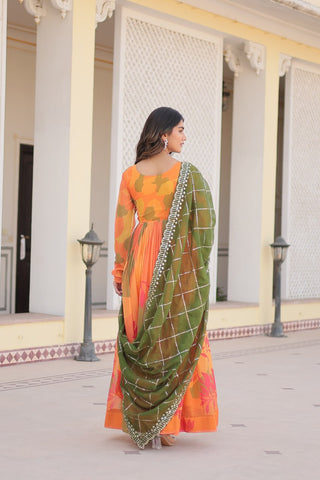Luxurious Digital Print Alia Cut Orange Gown with Embroidered Dupatta Set ClothsVilla