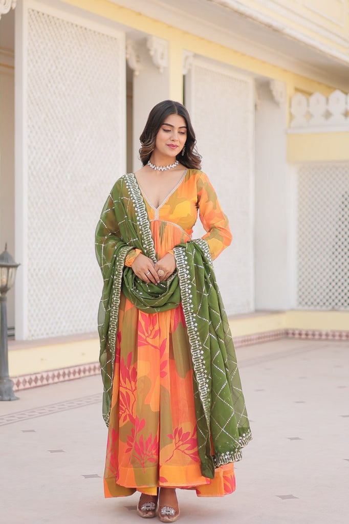 Luxurious Digital Print Alia Cut Orange Gown with Embroidered Dupatta Set ClothsVilla