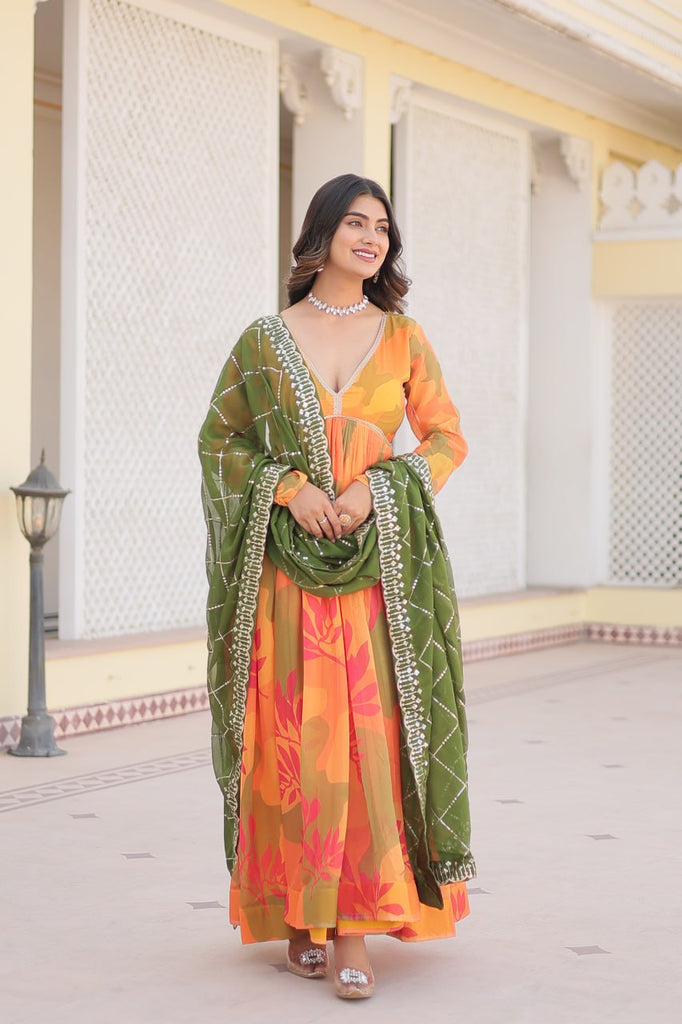 Luxurious Digital Print Alia Cut Orange Gown with Embroidered Dupatta Set ClothsVilla