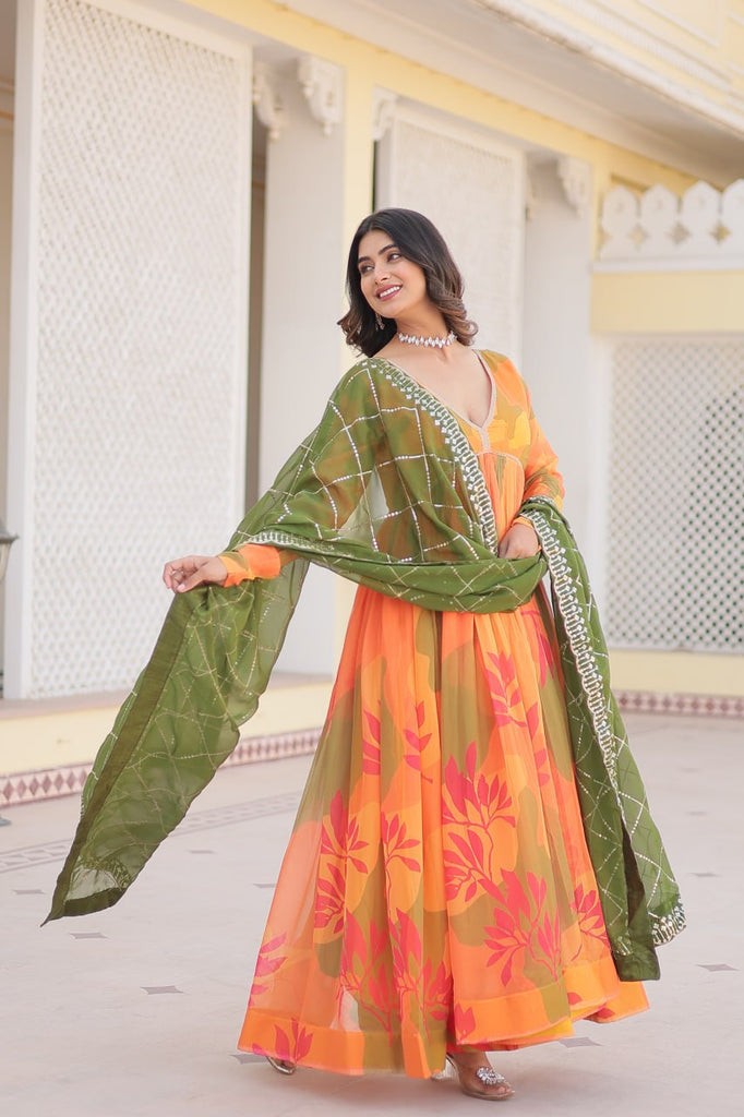 Luxurious Digital Print Alia Cut Orange Gown with Embroidered Dupatta Set ClothsVilla