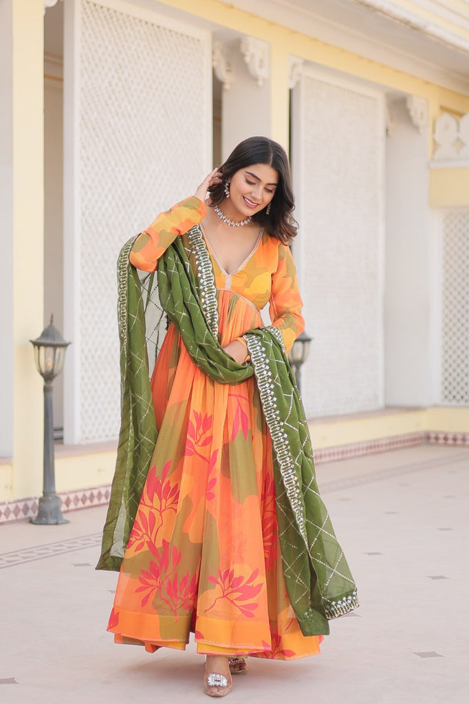 Luxurious Digital Print Alia Cut Orange Gown with Embroidered Dupatta Set ClothsVilla