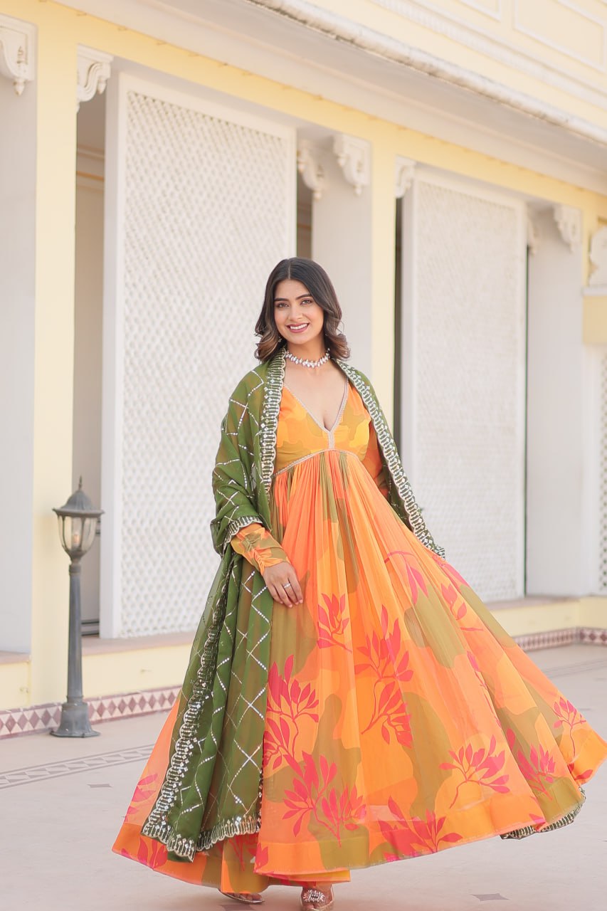 Luxurious Digital Print Alia Cut Orange Gown with Embroidered Dupatta Set ClothsVilla