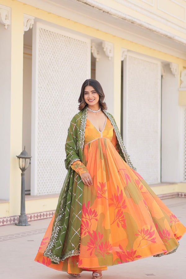 Luxurious Digital Print Alia Cut Orange Gown with Embroidered Dupatta Set ClothsVilla