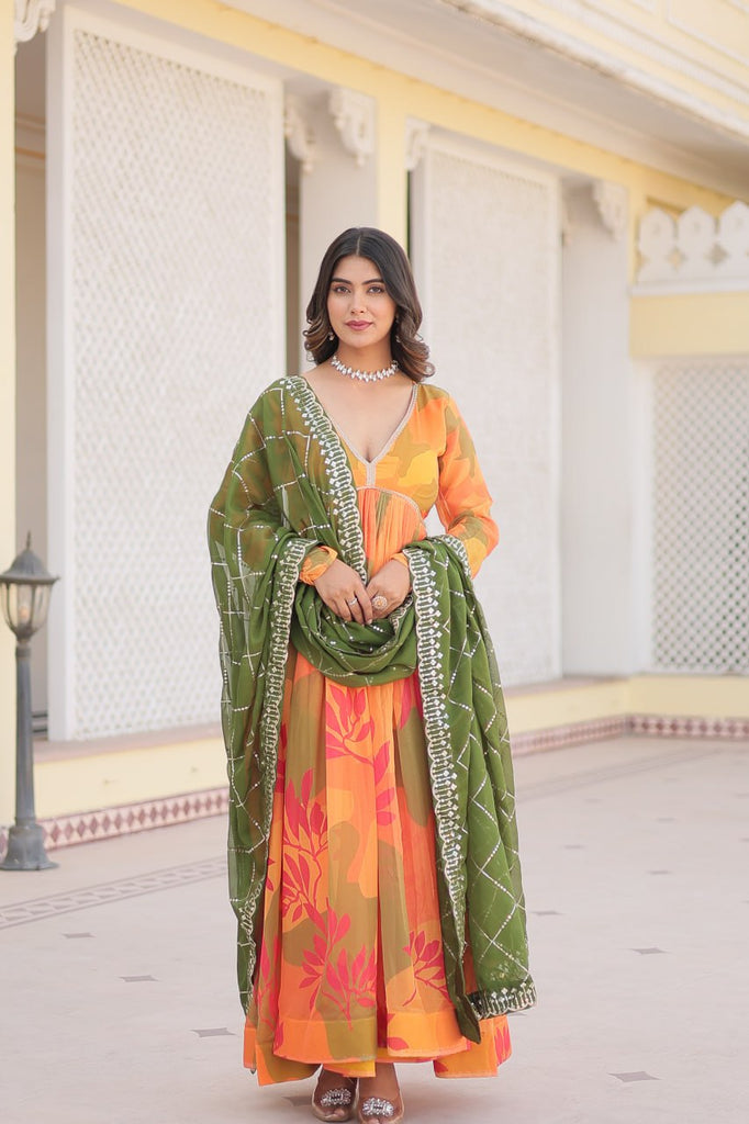 Luxurious Digital Print Alia Cut Orange Gown with Embroidered Dupatta Set ClothsVilla