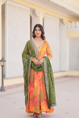 Luxurious Digital Print Alia Cut Orange Gown with Embroidered Dupatta Set ClothsVilla