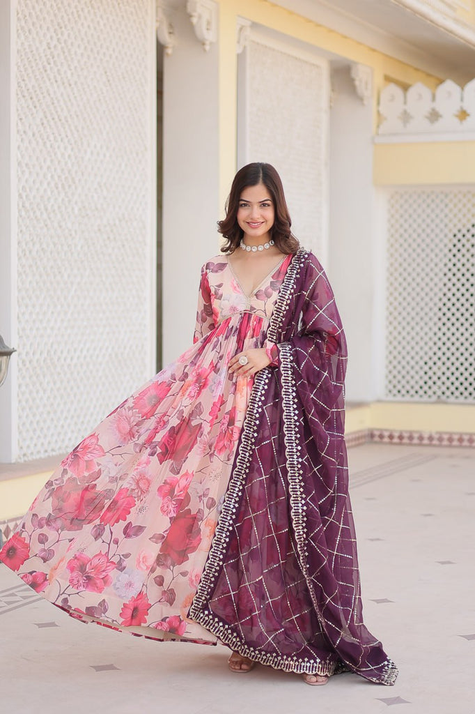 Luxurious Digital Print Alia Cut Pink Gown with Embroidered Dupatta Set ClothsVilla