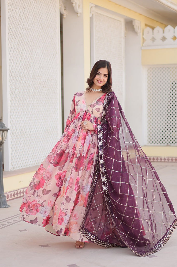 Luxurious Digital Print Alia Cut Pink Gown with Embroidered Dupatta Set ClothsVilla