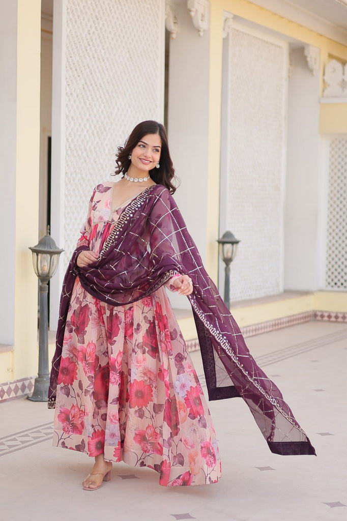 Luxurious Digital Print Alia Cut Pink Gown with Embroidered Dupatta Set ClothsVilla