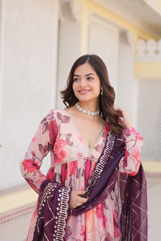 Luxurious Digital Print Alia Cut Pink Gown with Embroidered Dupatta Set ClothsVilla