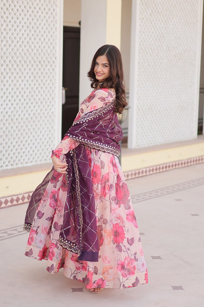 Luxurious Digital Print Alia Cut Pink Gown with Embroidered Dupatta Set ClothsVilla