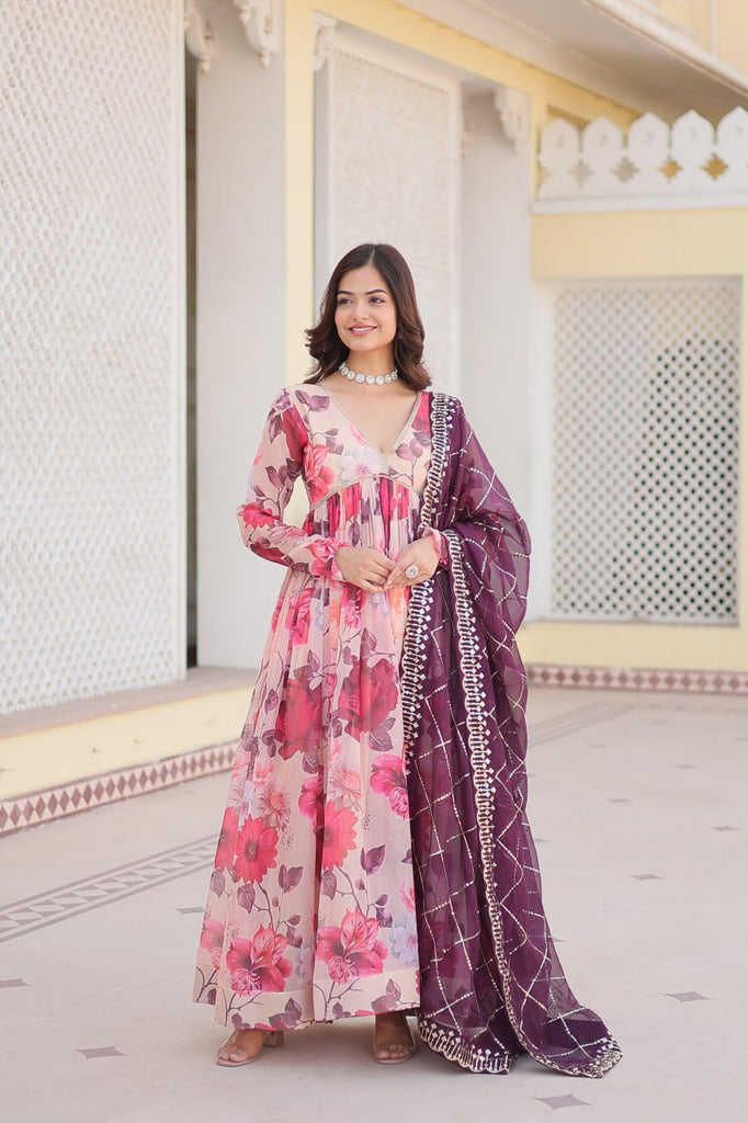 Luxurious Digital Print Alia Cut Pink Gown with Embroidered Dupatta Set ClothsVilla