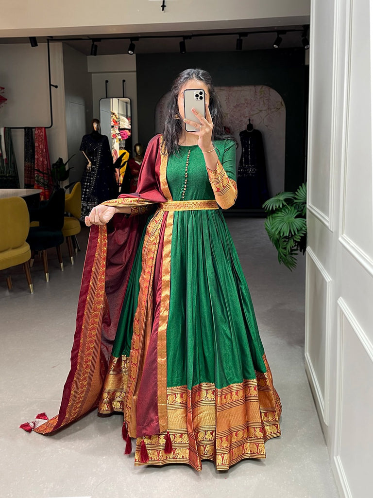 Luxurious Green Handwoven Narayanpet Gown with Zari Weaving & Dupatta ClothsVilla