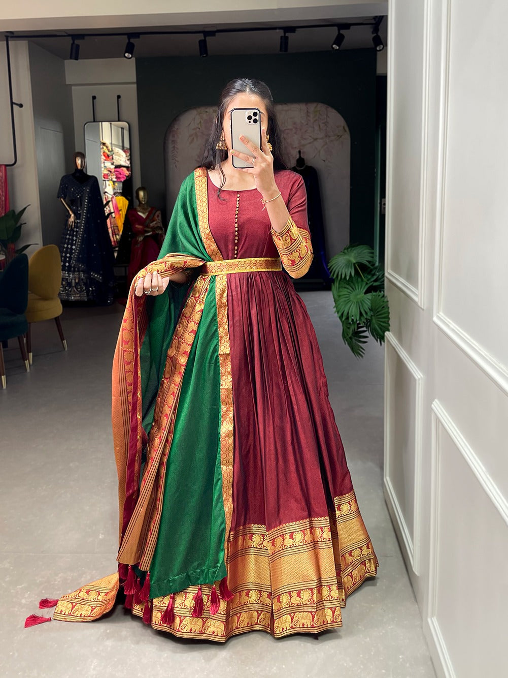 Luxurious Maroon Handwoven Narayanpet Gown with Zari Weaving & Dupatta ClothsVilla Main image