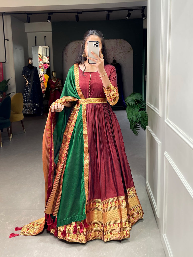 Luxurious Maroon Handwoven Narayanpet Gown with Zari Weaving & Dupatta ClothsVilla