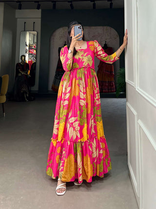 Luxurious Pink Floral Silk Crepe Long Gown ClothsVilla