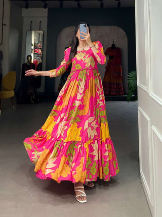 Luxurious Pink Floral Silk Crepe Long Gown ClothsVilla