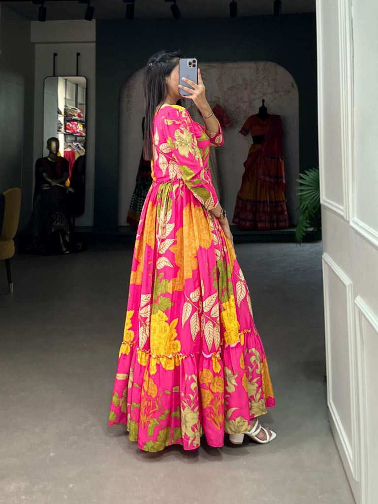 Luxurious Pink Floral Silk Crepe Long Gown ClothsVilla