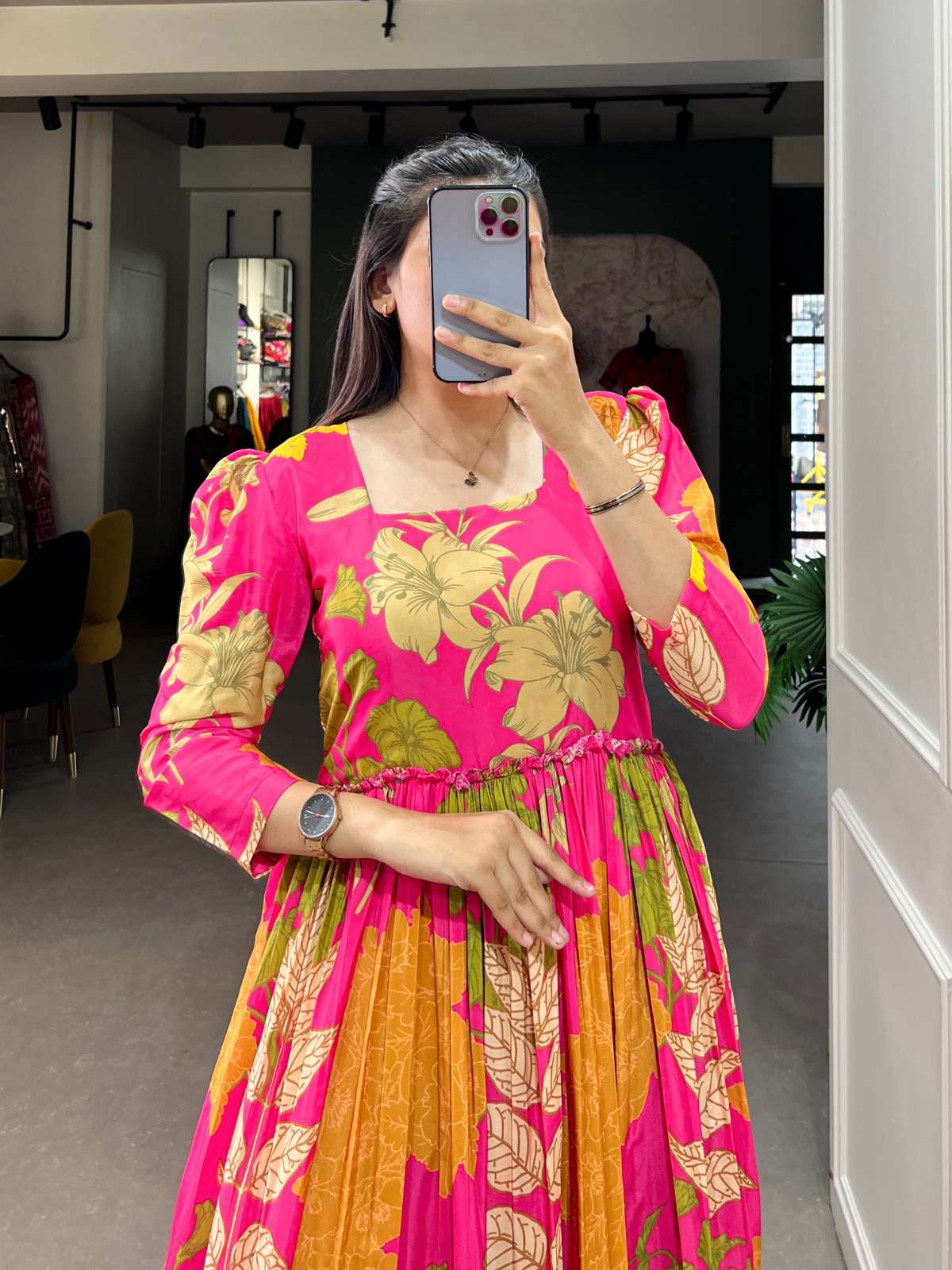 Luxurious Pink Floral Silk Crepe Long Gown ClothsVilla
