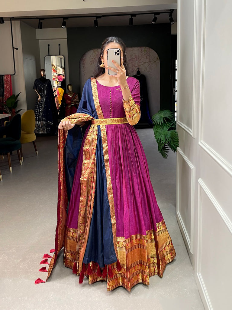 Luxurious Pink Handwoven Narayanpet Gown with Zari Weaving & Dupatta ClothsVilla