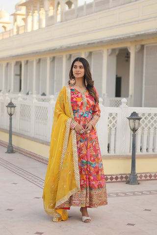 Luxurious Pink Readymade Gown with Embroidered Dupatta Set ClothsVilla