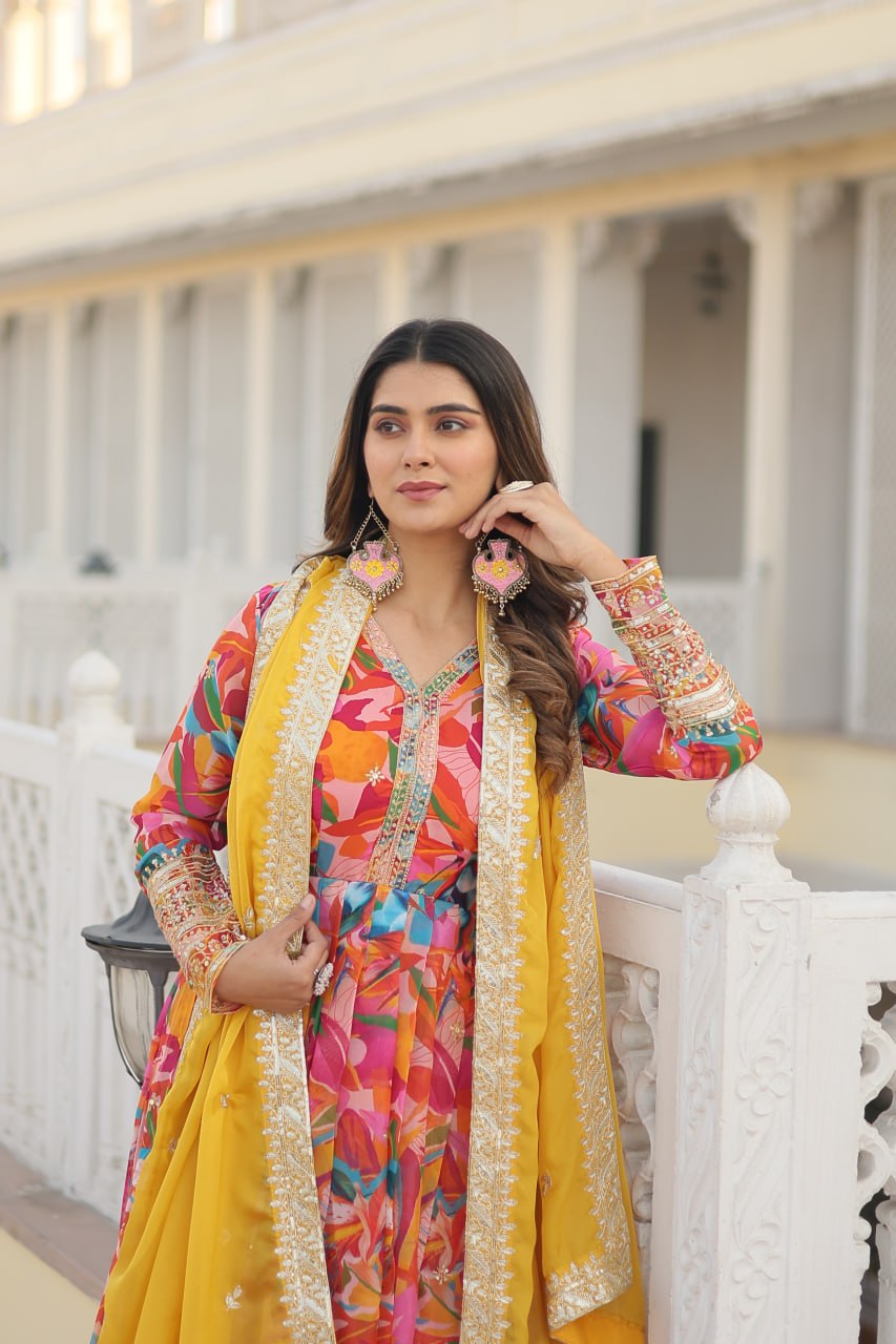 Luxurious Pink Readymade Gown with Embroidered Dupatta Set ClothsVilla