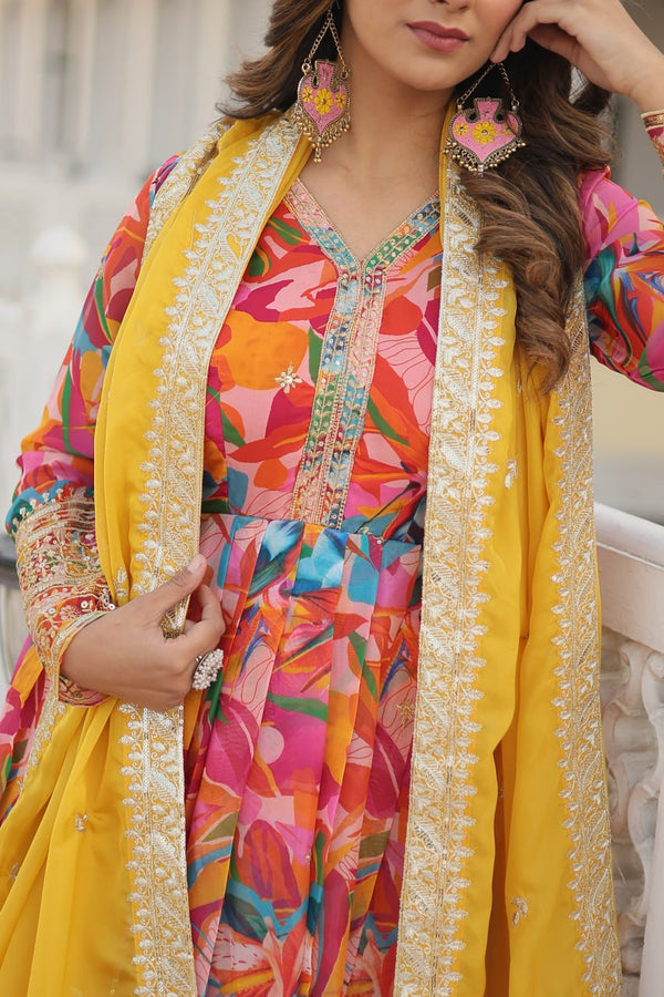 Luxurious Pink Readymade Gown with Embroidered Dupatta Set ClothsVilla
