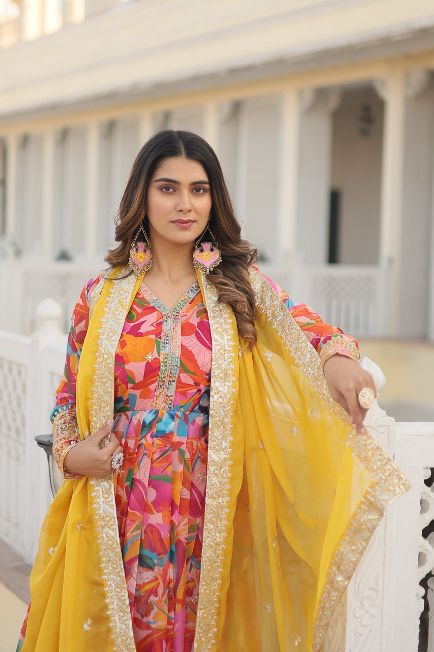 Luxurious Pink Readymade Gown with Embroidered Dupatta Set ClothsVilla