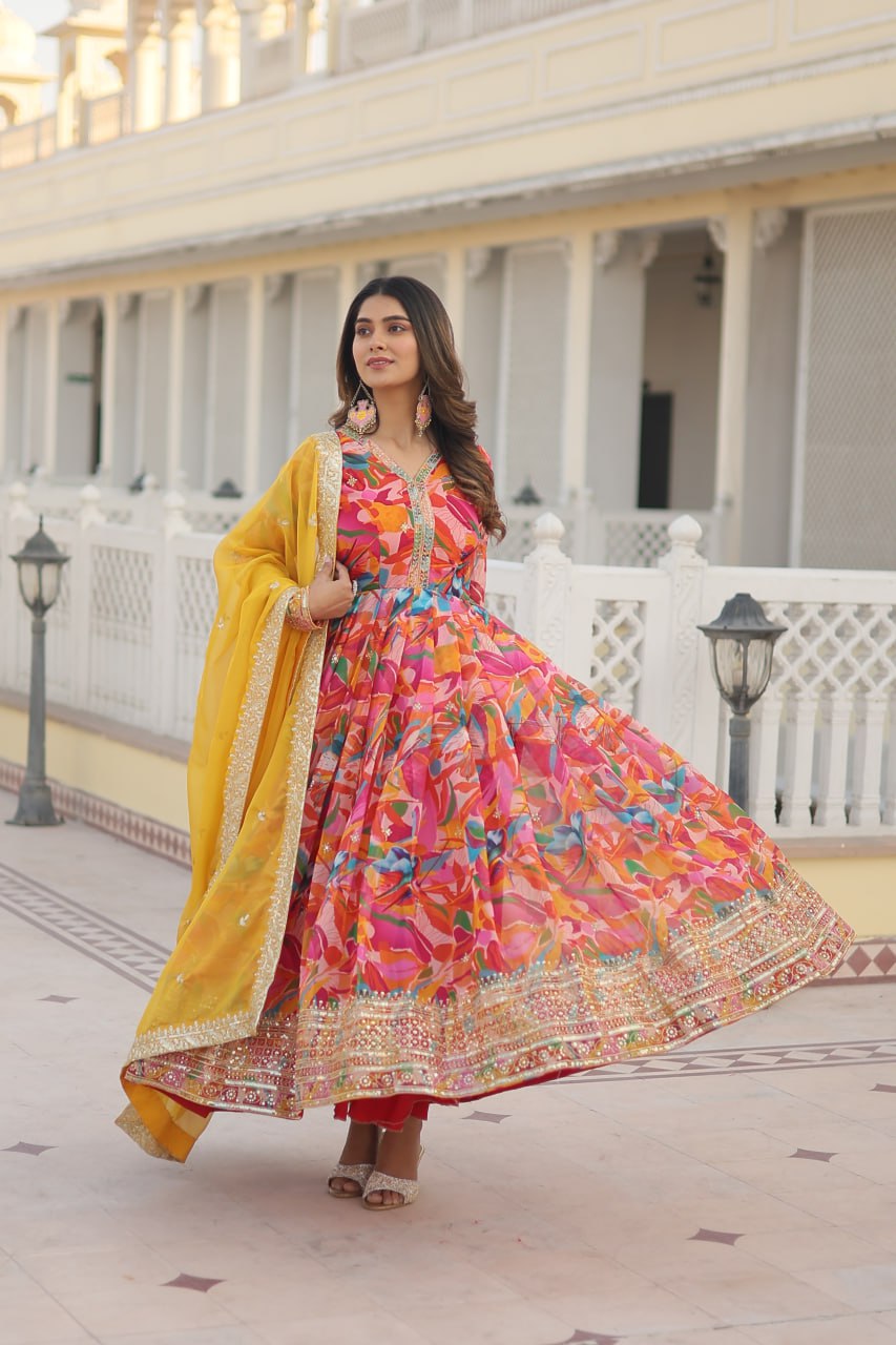 Luxurious Pink Readymade Gown with Embroidered Dupatta Set ClothsVilla
