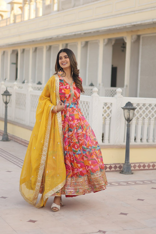 Luxurious Pink Readymade Gown with Embroidered Dupatta Set ClothsVilla