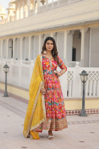 Luxurious Pink Readymade Gown with Embroidered Dupatta Set ClothsVilla