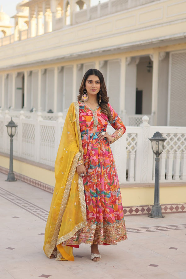 Luxurious Pink Readymade Gown with Embroidered Dupatta Set ClothsVilla