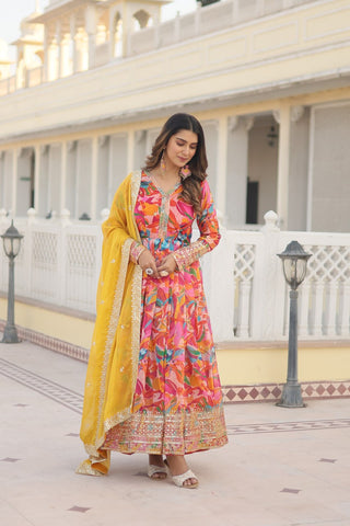 Luxurious Pink Readymade Gown with Embroidered Dupatta Set ClothsVilla