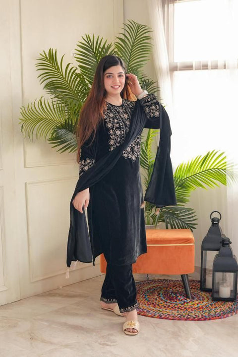 Luxurious Ramzan Special Shanya Pure Velvet Suit Set in Black with Delicate Embroidery ClothsVilla Main image