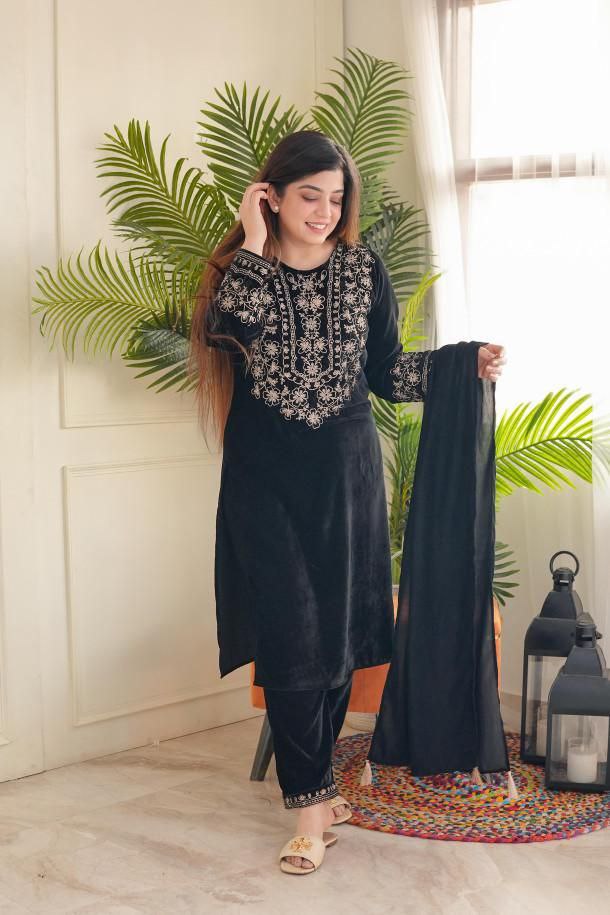 Luxurious Ramzan Special Shanya Pure Velvet Suit Set in Black with Delicate Embroidery ClothsVilla