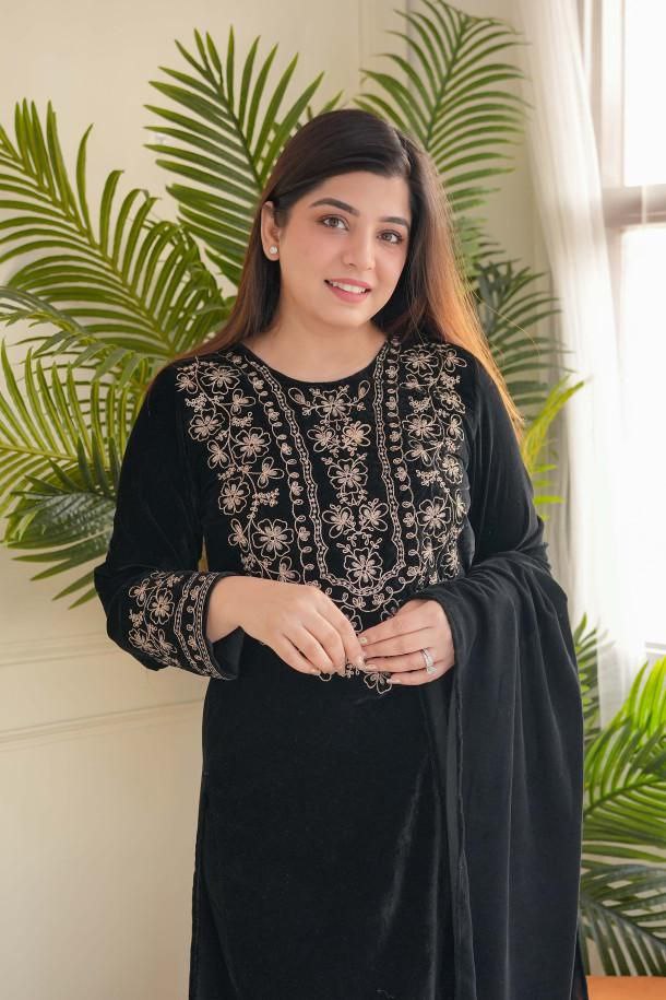 Luxurious Ramzan Special Shanya Pure Velvet Suit Set in Black with Delicate Embroidery ClothsVilla