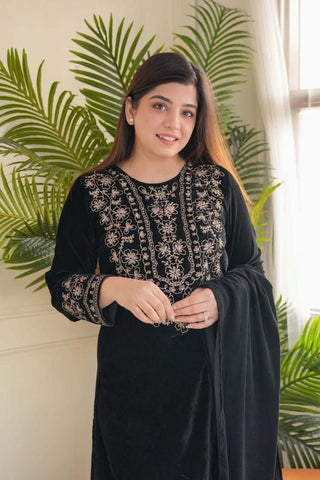 Luxurious Ramzan Special Shanya Pure Velvet Suit Set in Black with Delicate Embroidery ClothsVilla