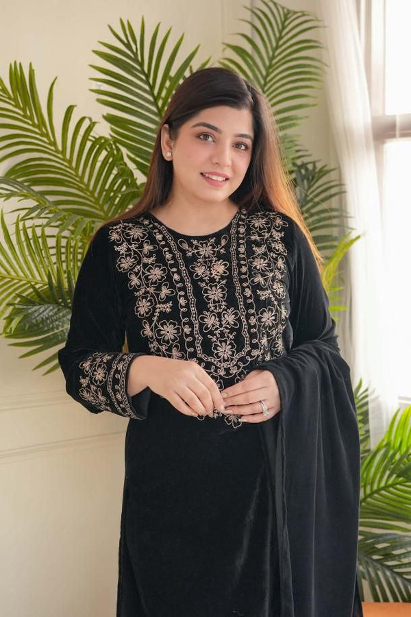 Luxurious Ramzan Special Shanya Pure Velvet Suit Set in Black with Delicate Embroidery ClothsVilla