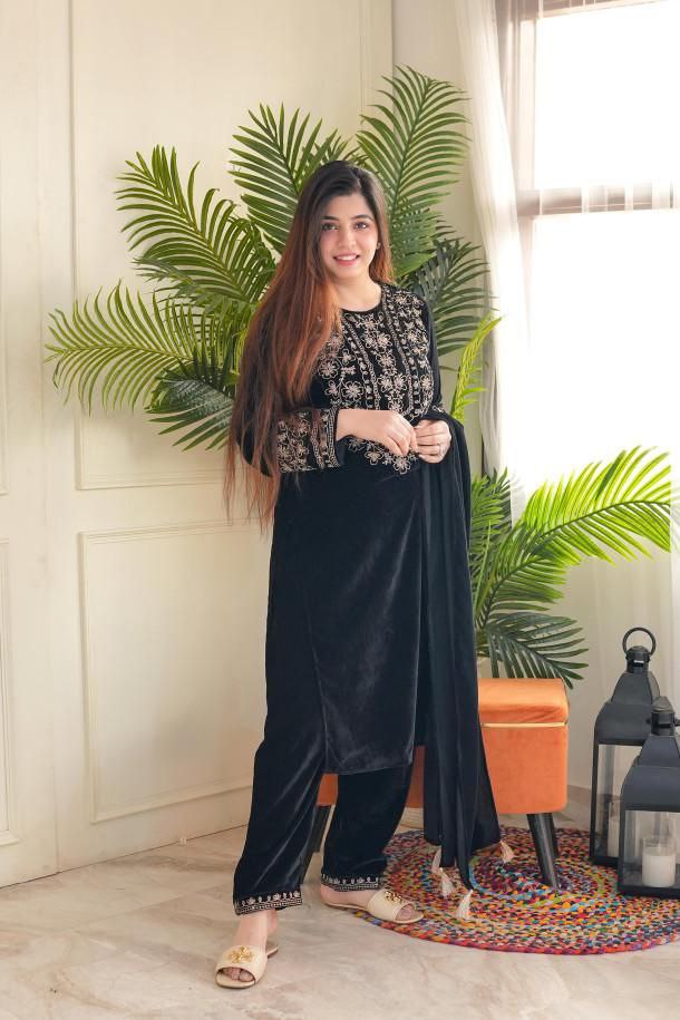 Luxurious Ramzan Special Shanya Pure Velvet Suit Set in Black with Delicate Embroidery ClothsVilla