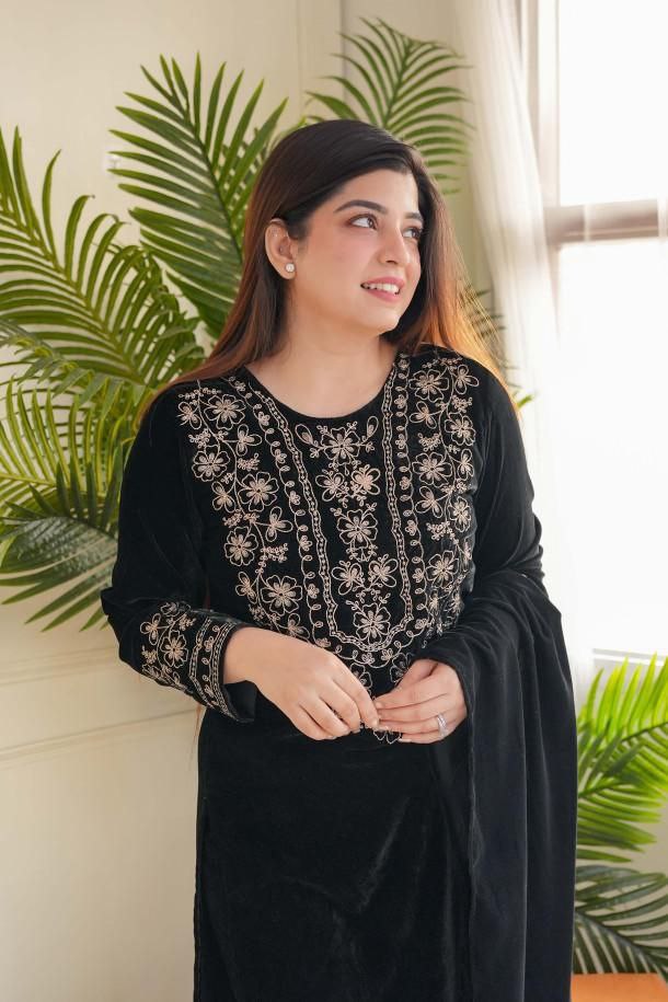 Luxurious Ramzan Special Shanya Pure Velvet Suit Set in Black with Delicate Embroidery ClothsVilla