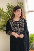 Load image into Gallery viewer, Luxurious Ramzan Special Shanya Pure Velvet Suit Set in Black with Delicate Embroidery ClothsVilla