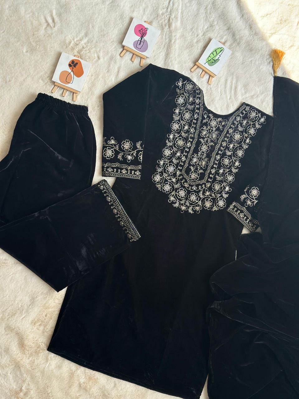 Luxurious Ramzan Special Shanya Pure Velvet Suit Set in Black with Delicate Embroidery ClothsVilla