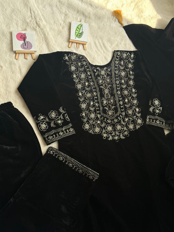 Luxurious Ramzan Special Shanya Pure Velvet Suit Set in Black with Delicate Embroidery ClothsVilla