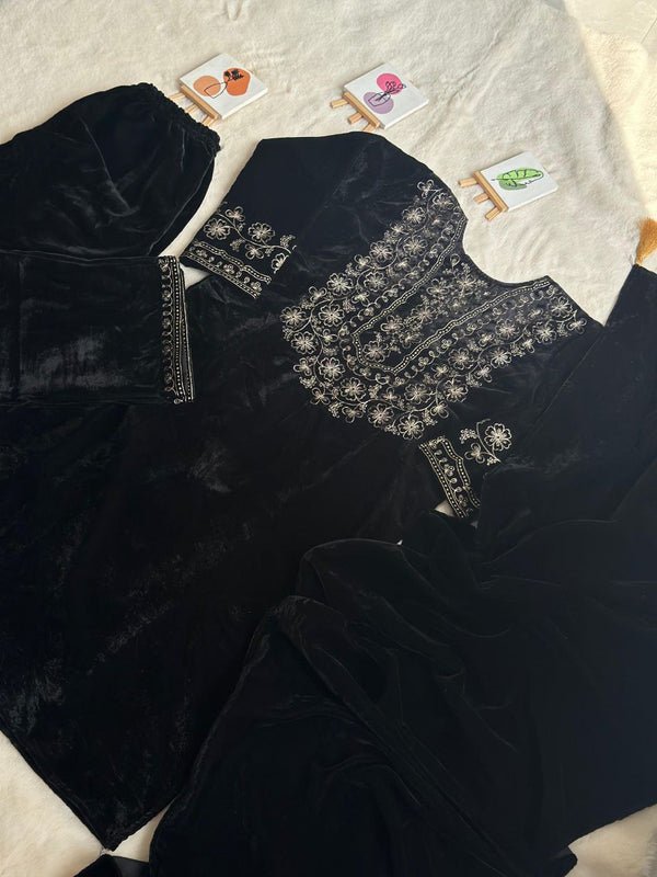 Luxurious Ramzan Special Shanya Pure Velvet Suit Set in Black with Delicate Embroidery ClothsVilla