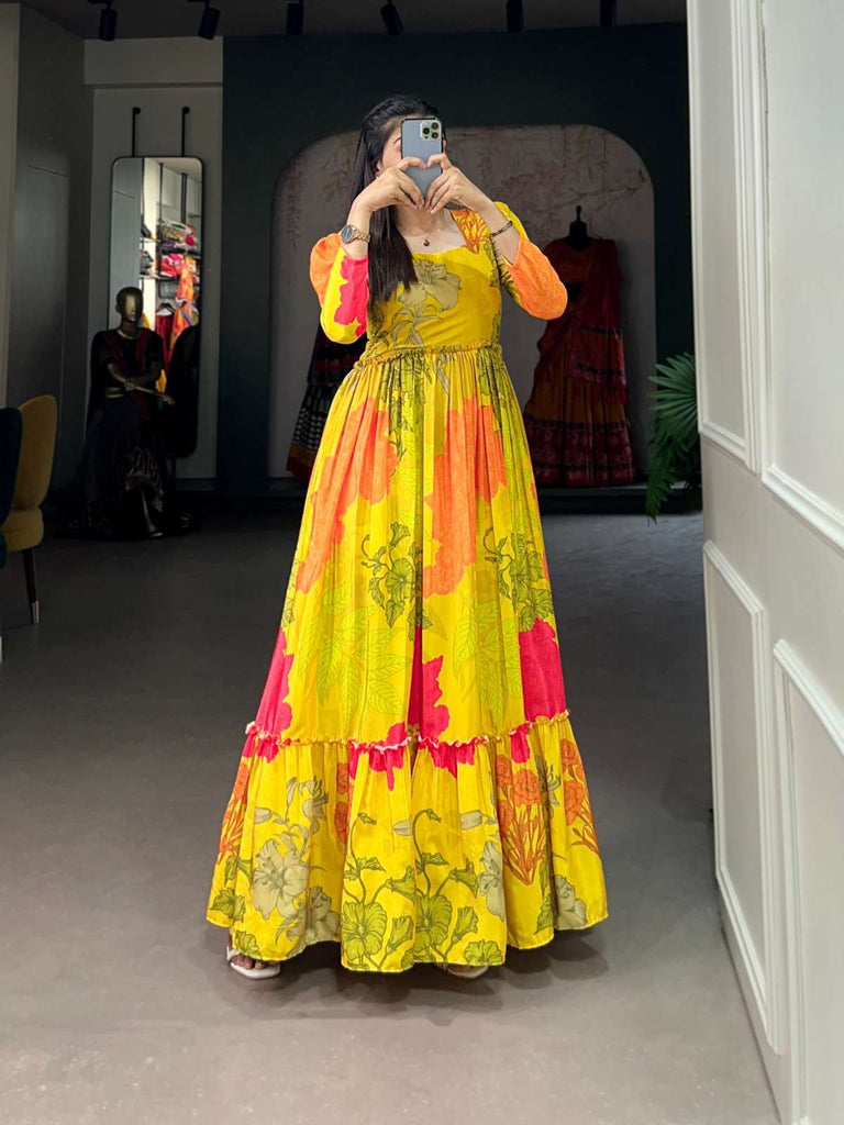 Luxurious Yellow Floral Silk Crepe Long Gown ClothsVilla