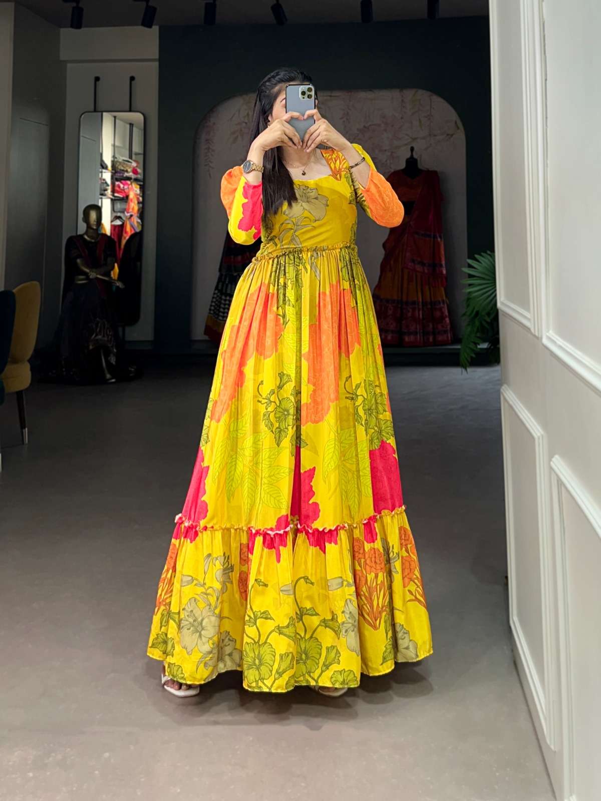 Luxurious Yellow Floral Silk Crepe Long Gown