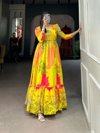 Luxurious Yellow Floral Silk Crepe Long Gown ClothsVilla
