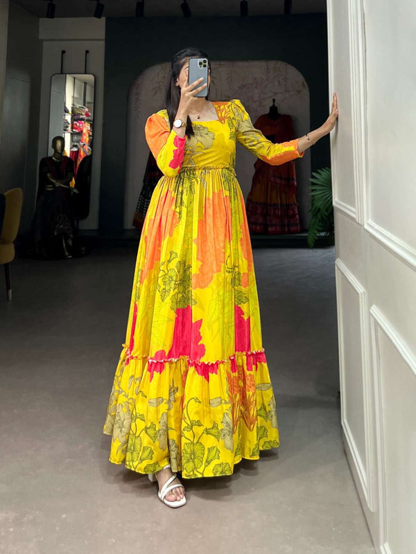 Luxurious Yellow Floral Silk Crepe Long Gown ClothsVilla