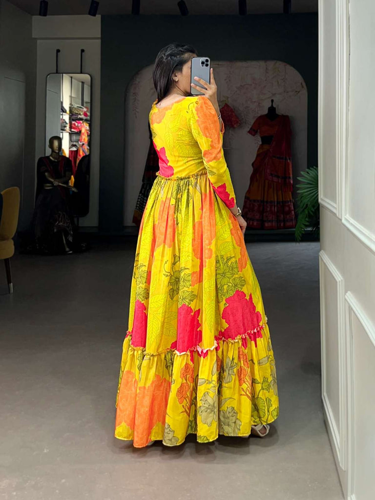 Luxurious Yellow Floral Silk Crepe Long Gown ClothsVilla