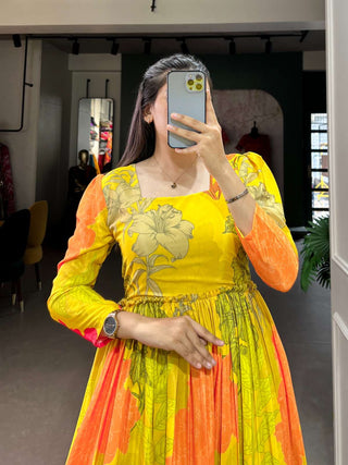 Luxurious Yellow Floral Silk Crepe Long Gown ClothsVilla
